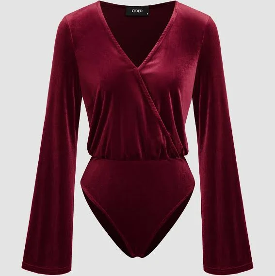 bodysuit CIDER Women's Velvet V-Neck Long Sleeve Bodysuit Stretch Dramatic Flared Sleeves Brunch Coffee Shop Cider $17.94