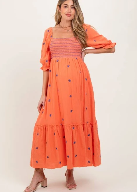 dress Coral Gauze Smocked Embroidered Square Neck Maternity Midi Dress PinkBlush Maternity $89