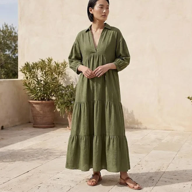 dress Cotton Flax Deep-V Maxi Tier Dress SeamsFriendly $89
