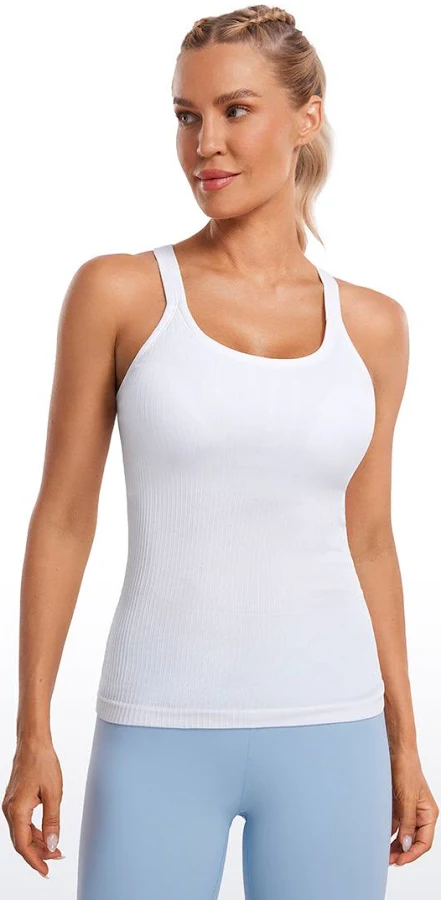 top Crz Yoga Women's Seamless Ribbed Racerback Tank Tops with Built in Bra crz yoga $28