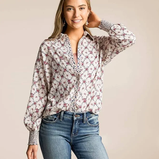 oversized shirt Daytrip Women's Oversized Floral Polyester Blouse with Buckle Buckle $42.99