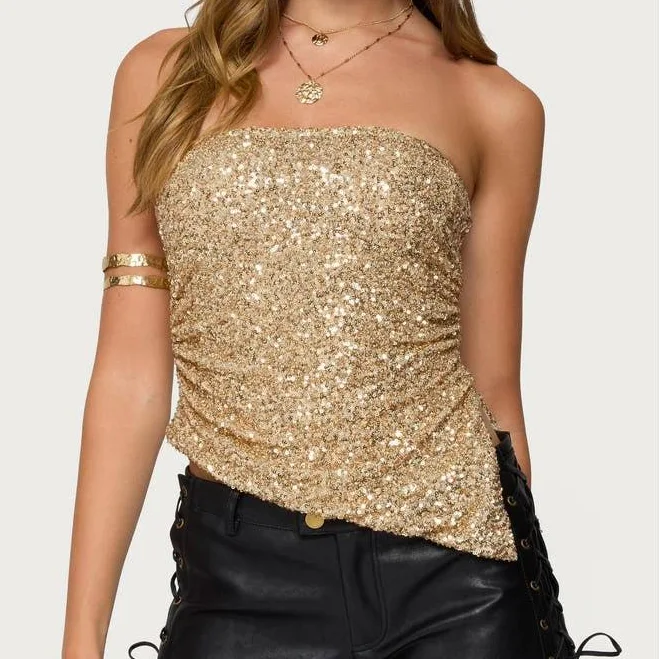 top Edikted Women's Sequin Asymmetric Slit Strapless Top Nordstrom $43.2