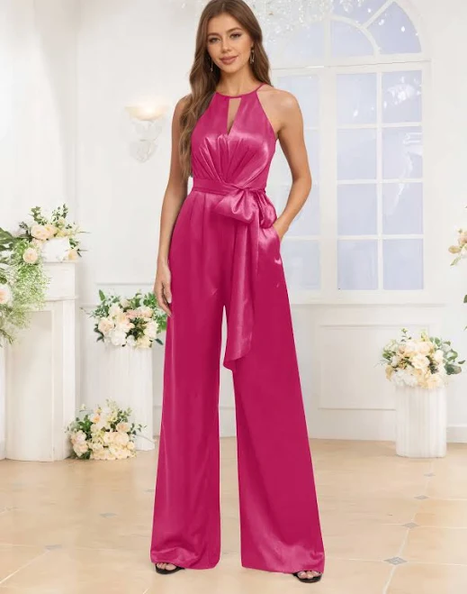 jumpsuit Elegant Halter Ruched Satin Jumpsuit For Bridesmaids With Pockets, Fuchsia Pomuyoo $89