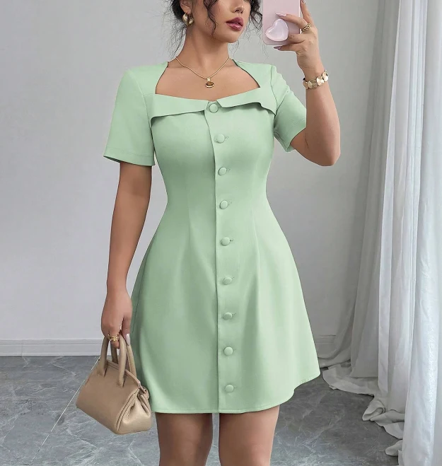 dress Elenzga Elegant A-Line Mini Dress Women's Cocktail Sundress Square Neck Ruffle Buttoned Waist Short Sleeve Regular Fit Flared Hem Shein $17.09