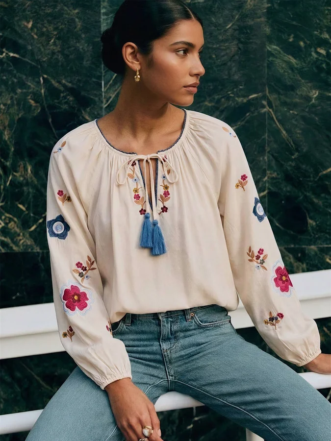 top Embroidered Peasant Blouse with Balloon Sleeves New York & Company $51.99