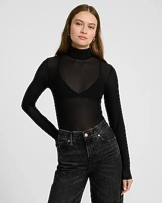 bodysuit Express Women's Fitted Mesh Mock Neck Long Sleeve Bodysuit Express $22.8