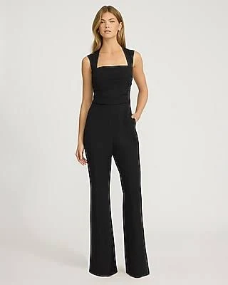 jumpsuit Express Women's Signature Crepe Square Neck Sleeveless Ruched Flare Jumpsuit with Express $66