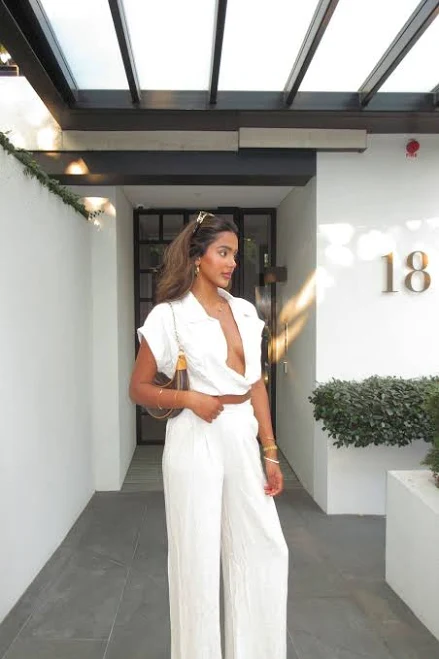 matching set Fashion Nova Andrea Linen Cropped Blouse and Pant Set Fashion Nova $30.99