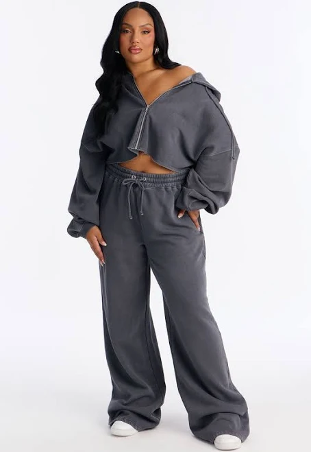 matching set Fashion Nova Long Sleeve Fleece Cropped Wide Leg Pant Set Fashion Nova $34.99