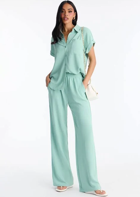 outfits Fashion Nova Short Sleeve Button Up Shirt and Wide Leg Pant Set Fashion Nova $23.99