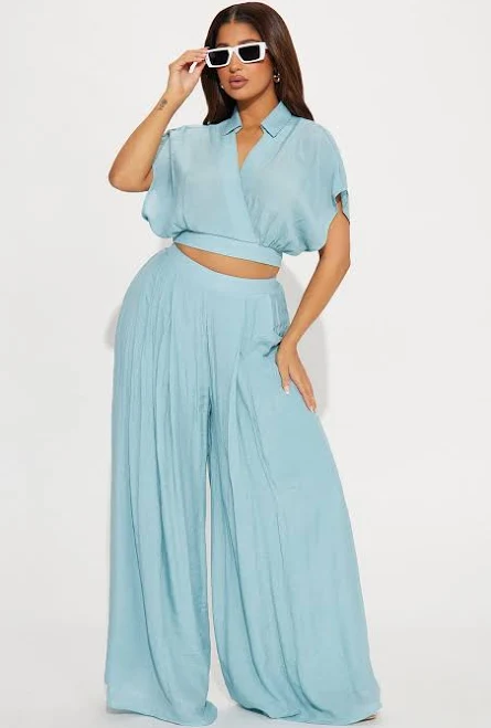 two piece set Fashion Nova Short Sleeve Cropped Blouse Wide Leg Pant Set Fashion Nova $31.99