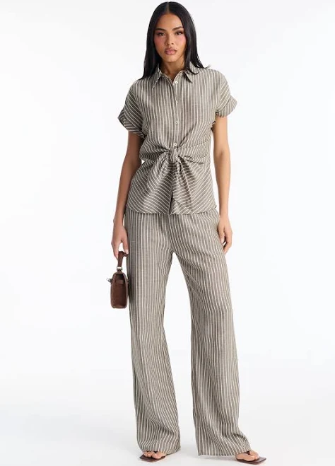 linen outfits Fashion Nova Tie Front Linen Button Up Shirt and Wide Leg Pant Set Fashion Nova $23.99