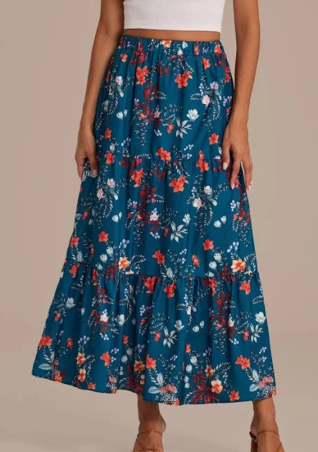 skirt Floral Elastic Waist Ruffle Tiered Maxi Skirt Petal Lush $33
