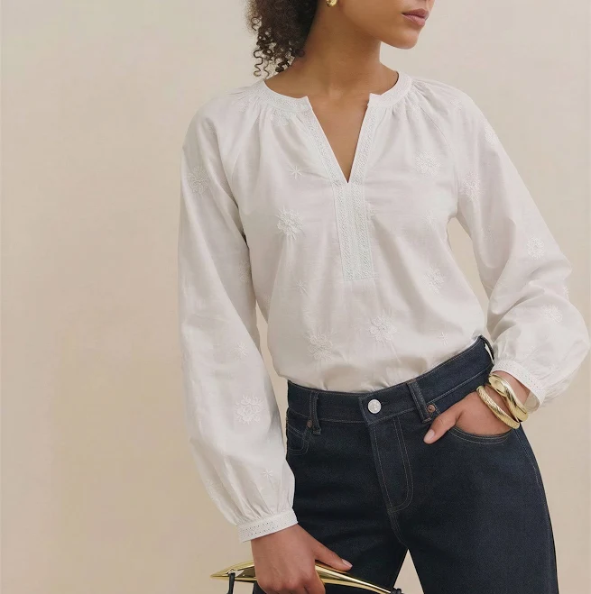 top Floral Embroidery Long Voluminous Sleeve Blouse New York & Company $39.99