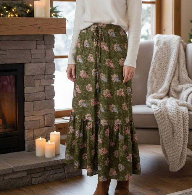 skirt Floral Tiered Ruffle Maxi Skirt Mogul Interior $28.78