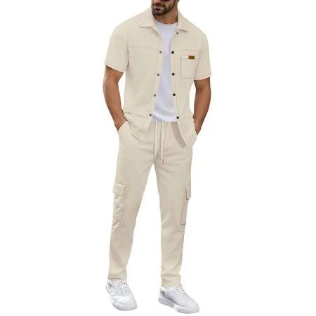 matching set Fmbrln Summer Sets for Men Fashion Casual Textured Cargo Pants with Button-Up Short Sleeve Shirts, Men's, Size: Medium, Brown Walmart - PJG FASHION $24.99