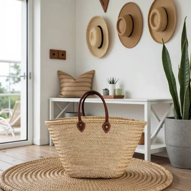 bag French Market Basket Tote Bag with Leather Handles Marrakeche Crafts $65