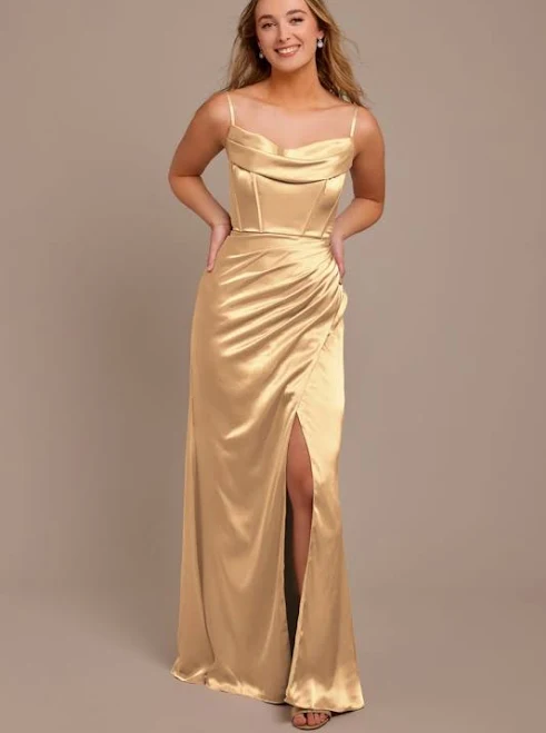 dress Galina Signature Charmeuse Cowl Spaghetti Strap Dress in Golden | Size: 6 | David's Bridal David's Bridal $229.95