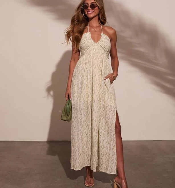 dress Honolulu Halter Tropical Print Maxi Dress in Cream/Pistachio - Size Large, Rayon, VICI VICI $44.4