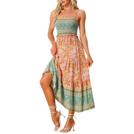 dress Inspire Chic Women's Boho Floral Smocked Spaghetti Strap Tiered Maxi Dress Walmart - Tasharina Corp $35.88