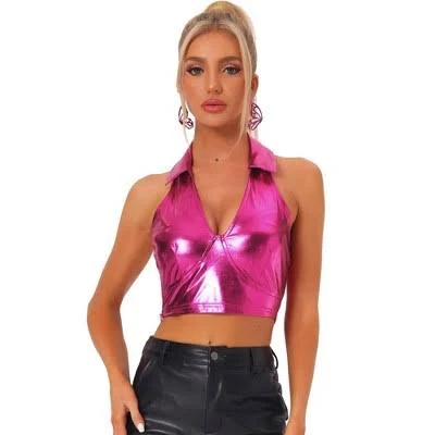 top Inspire Chic Women's Shimmering Shiny Holographic Halter Top Target $24.99
