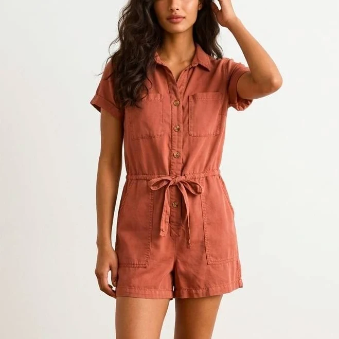 romper Iris Women's Short Sleeve Button Front Utility Romper In Rust eBay $18