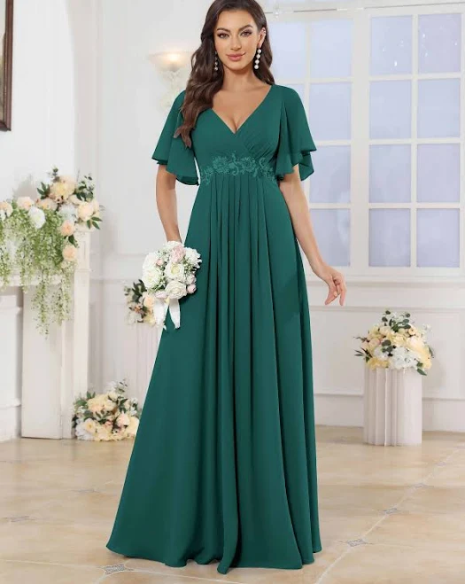 dress Jaylah A-Line Empire Short Sleeve Applique Floor Length Chiffon Bridesmaid Dress Pomuyoo $89