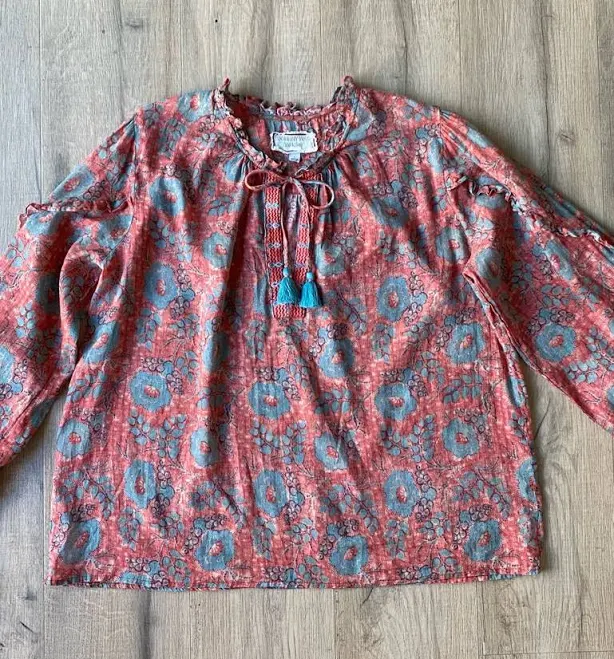 matching set Johnny Was Tops | Johnny Was Coral And Teal Floral Tie-Front Peasant Blouse Sz S | Color: Blue/Pink | Size: S | Retrogirlie's Closet Poshmark $70