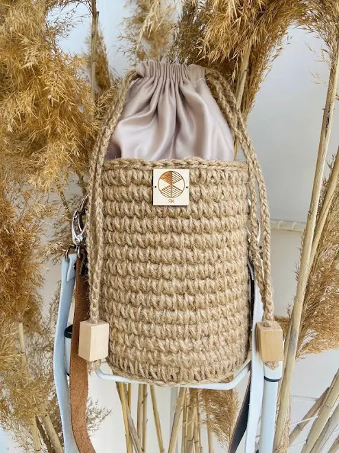 bag Jute Crochet Leather Bucket Bag with Drawstring Etsy - Seller $134.42