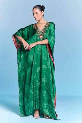 dress KALISTA Viscose Satin Embroidery V-Neck Saba Kaftan Aza Fashions $205