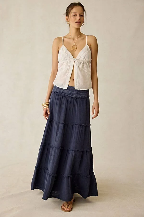 maxi skirt Kimchi Blue On My Mind Smocked Waist Tiered Maxi Skirt in Blue Cotton, Women's XL at Urban Outfitters Urban Outfitters $69
