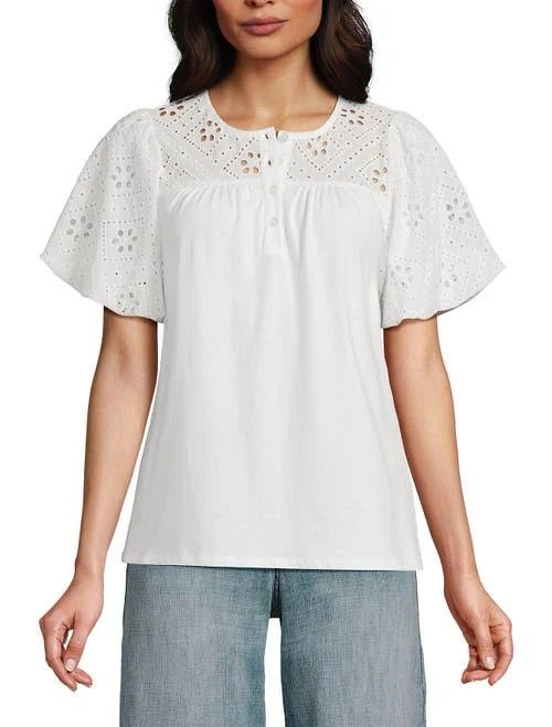 top Lands' End Women's Eyelet Crew Puff Sleeve Top Nordstrom $59.95
