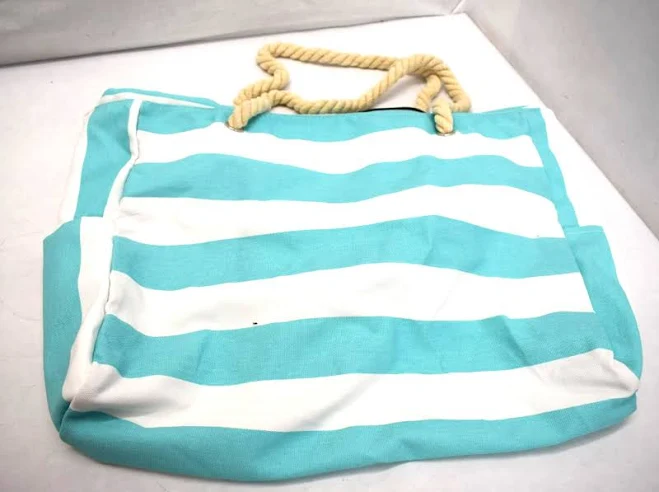 bag Large Canvas Tote Bag Off White & Teal Striped Bag Rope Handles W/ eBay - buyithere_18 $19.99