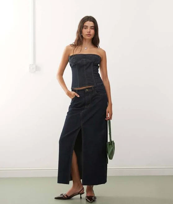 skirt Lioness Super Sweet slit front denim maxi skirt in indigo wash - part of a set-Blue ASOS $101.7