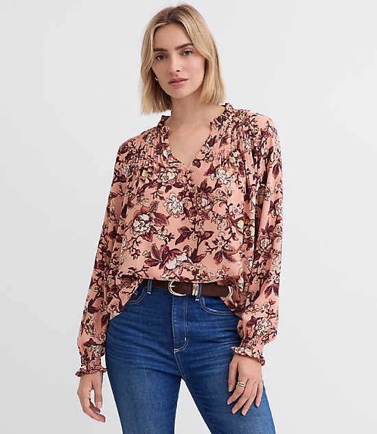 top Loft Women's Floral Pintucked Ruffle Blouse LOFT $29.49