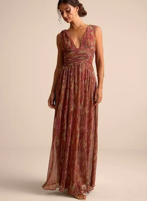 dress Lulus Evaluna Rust Abstract Print Lurex Pleated Maxi Dress Lulus $99