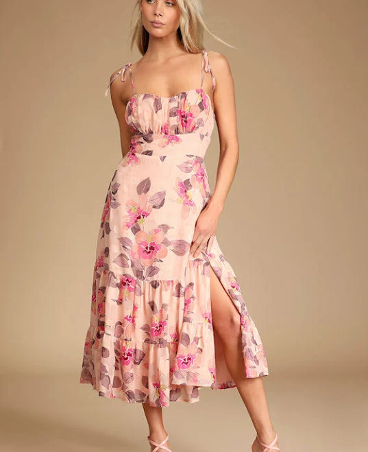 dress Lulus Floral Print Tie-Strap Tiered Midi Dress Lulus $60