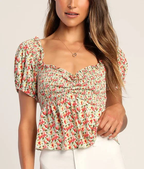 top Lulus Floral Smocked Peplum Short Sleeve Top Lulus $39