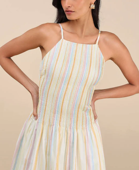 dress Lulus Light Blue Multi Striped Drop Waist Midi Dress Womens Lulus $59