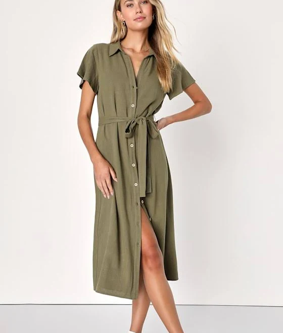 dress Lulus Linen Button-Up Short Sleeve Midi Dress Womens Lulus $63.2