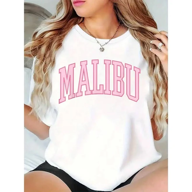 top Malibu Pink Letter Print T-Shirt TikTok Shop $9.99