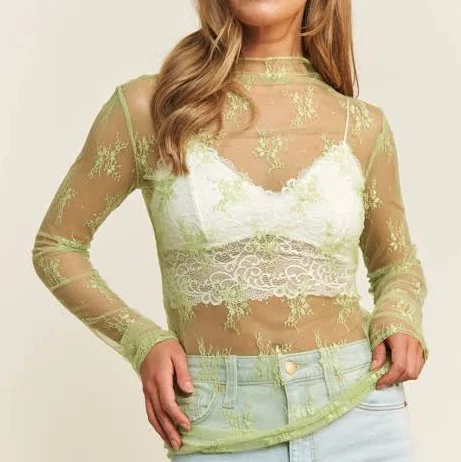 crop top Mesh Long Sleeve Mock Neck Sheer Top Modern Millie $22