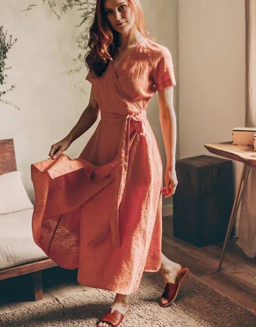 dress Midi Length Linen Wrap Dress with Short Sleeves VisibleArt $135
