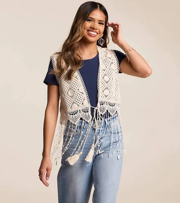 cover up Miss Me Women's Cotton Crochet Fringe Vest Buckle $64