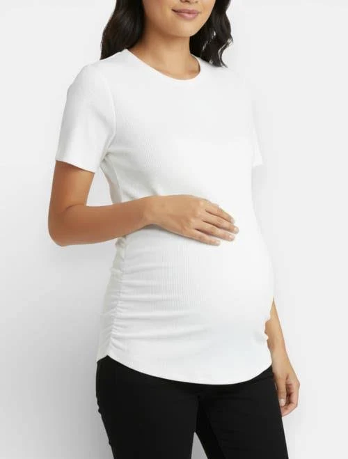 top Motherhood Maternity Women's Crew Neck Side-Ruched Maternity Short Sleeve Top Nordstrom $25