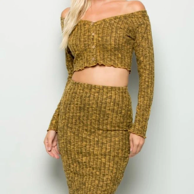 two piece set Mustard Ribbed 2-Piece Skirt Set Off-The-Shoulder Crop Top And Midi Skirt Poshmark $42