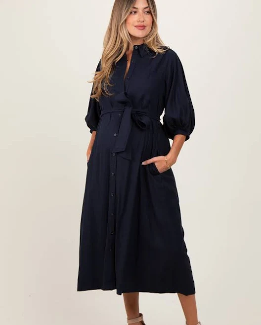 dress Navy 3/4 Bubble Sleeve Maternity Midi Shirt Dress PinkBlush Maternity $87