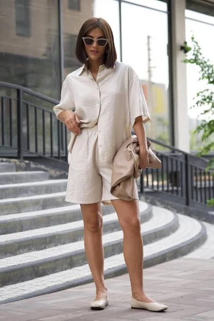 two piece set Neutral Minimalist Linen Oversized Shirt and High-Waist Shorts Set Etsy - Seller $132