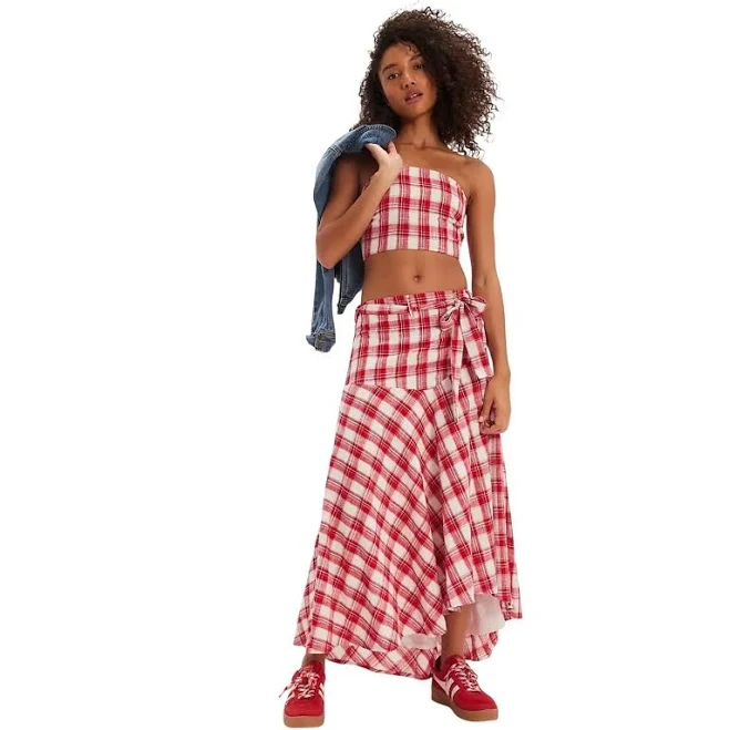 matching set NWT FREE PEOPLE Women's After You Red Plaid Midi Skirt Tube Top Set1 Whatnot $128