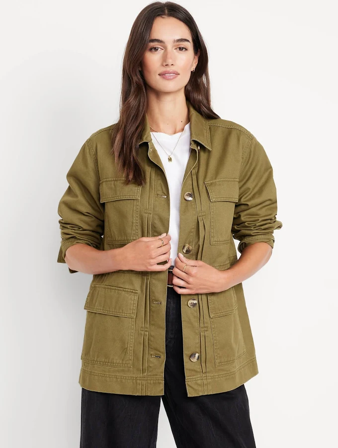 outerwear Old Navy Women's Cinched-Waist Twill Utility Jacket Old Navy $59.99